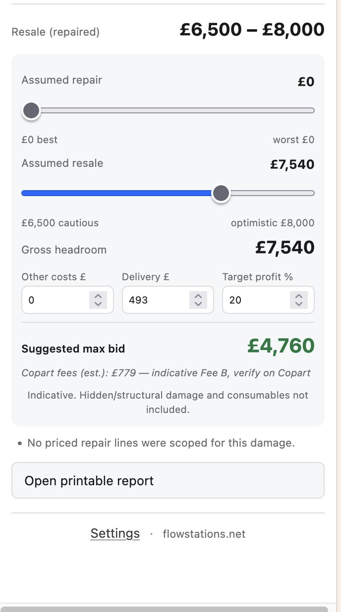 A CarWorthUK estimate showing the repaired resale range, gross headroom, and a suggested maximum bid after Copart fees and delivery