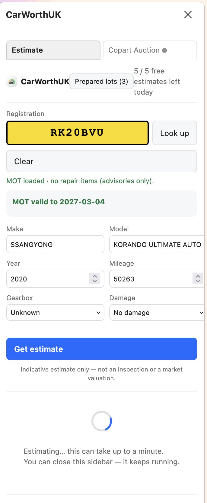 The CarWorthUK sidebar in Firefox: a registration looked up, MOT loaded, and the vehicle details ready to estimate