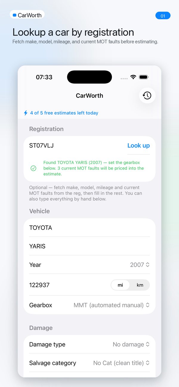 CarWorth on iPhone: a registration looked up, with the make, model, year, mileage and gearbox filled in and three current MOT faults found