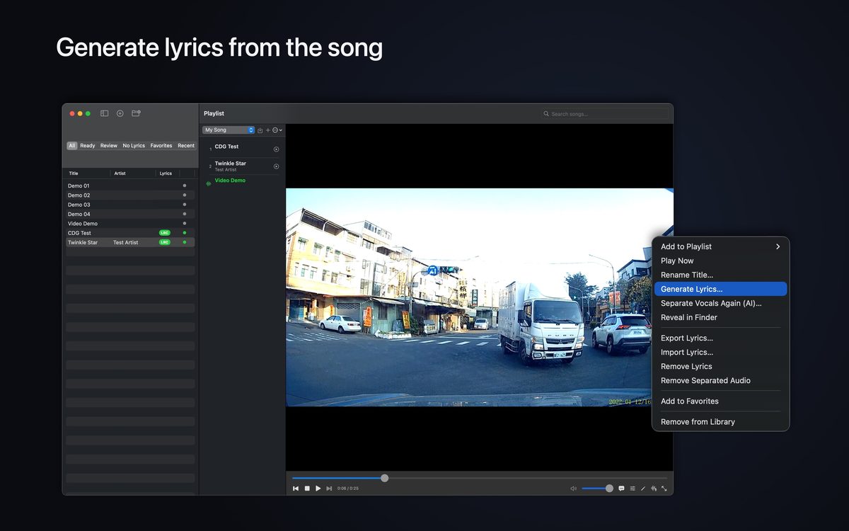 The library with All, Ready, Review, No Lyrics, Favorites and Recent filters, and a right-click menu offering Generate Lyrics, Separate Vocals Again, Remove Lyrics and Remove Separated Audio