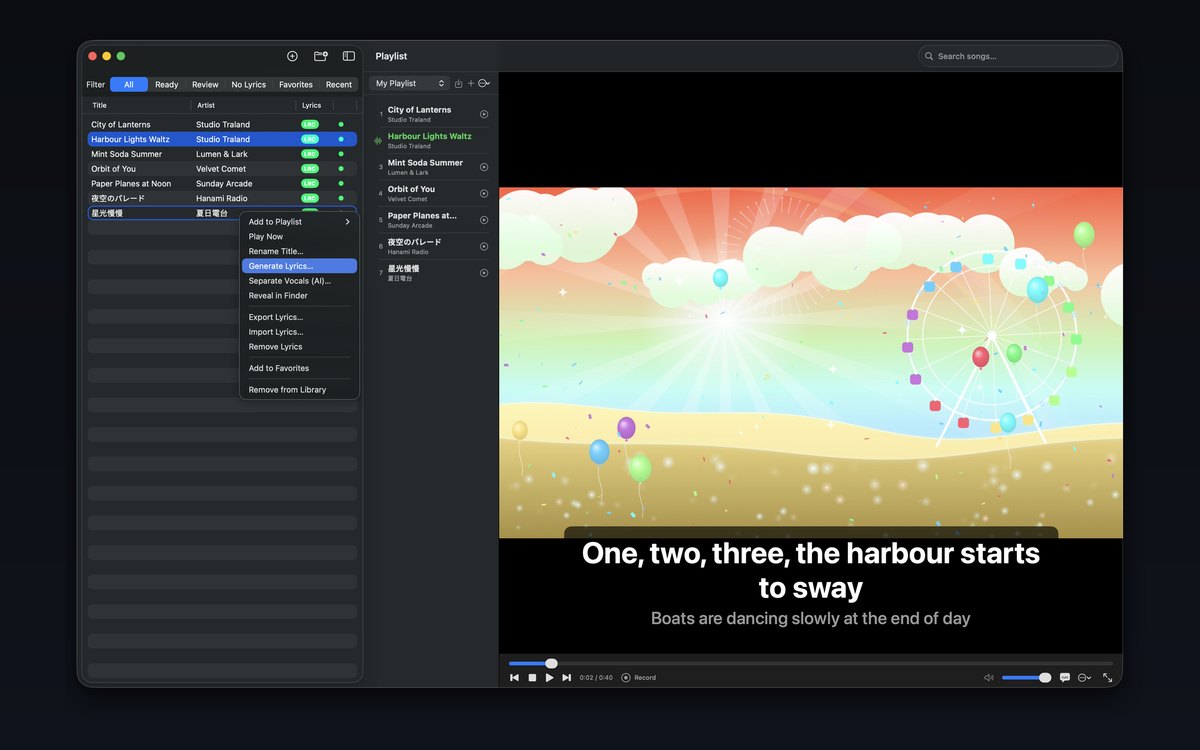 The library with All, Ready, Review, No Lyrics, Favorites and Recent filters, and a right-click menu on a song offering Generate Lyrics, Separate Vocals (AI), Export Lyrics, Import Lyrics and Remove Lyrics