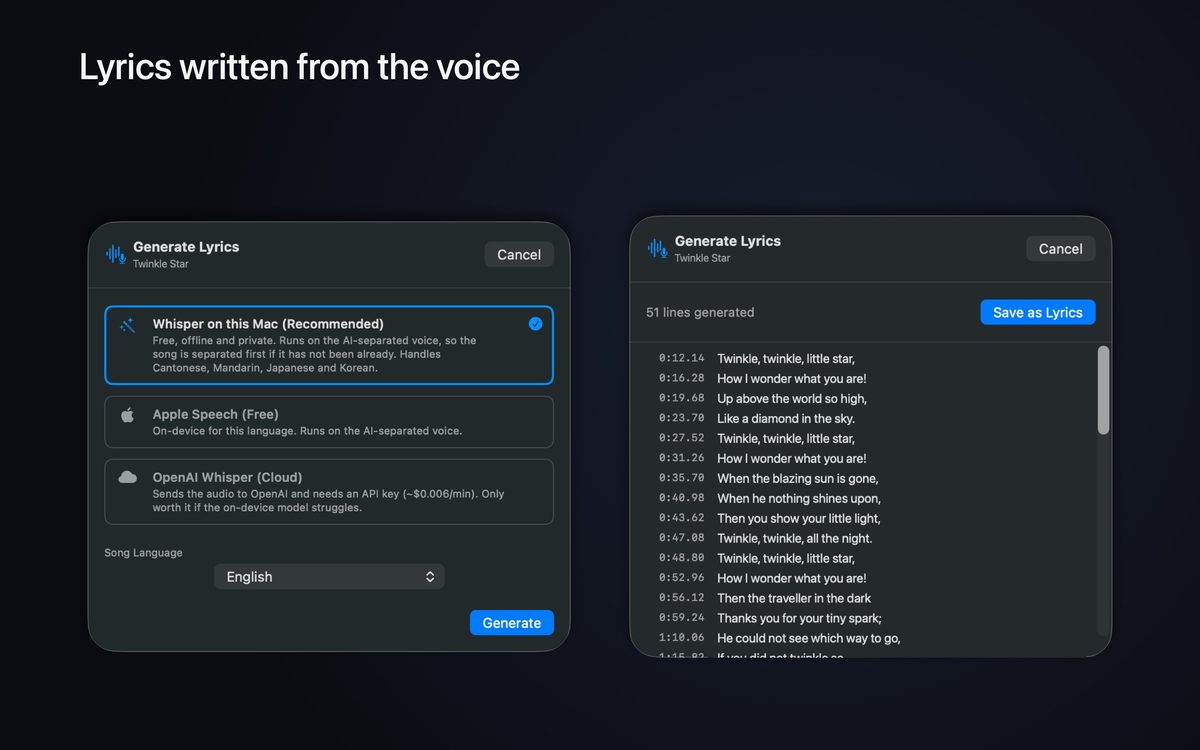 The Generate Lyrics dialog offering Whisper on this Mac, Apple Speech and OpenAI Whisper in the cloud, beside the generated result: 51 timed lines listed with timestamps and a Save as Lyrics button.
