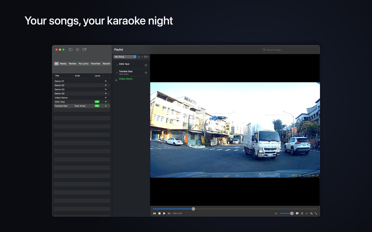 The Karaoke main window: a song library with lyric badges and status dots, a playlist panel, and a video playing on the right