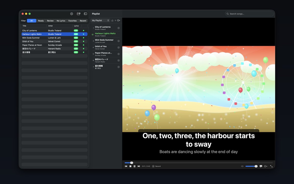 The Karaoke main window: a library of seven songs with lyric badges, a playlist panel, and a video playing on the right with the current lyric line