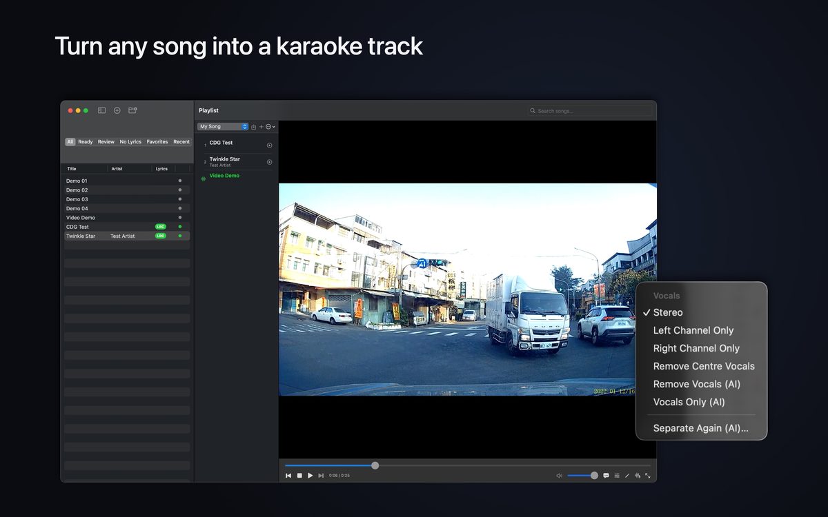 Karaoke playing a video with the Vocals menu open, offering Stereo, Left Channel Only, Right Channel Only, Remove Centre Vocals, Remove Vocals (AI), Vocals Only (AI) and Separate Again.