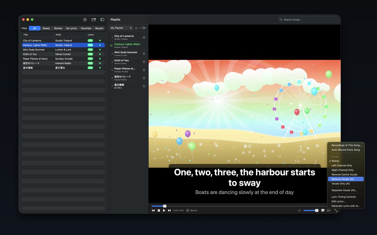 Karaoke playing a video with the Vocals menu open, offering Stereo, Left Channel Only, Right Channel Only, Remove Centre Vocals, Remove Vocals (AI) and Vocals Only (AI), with Remove Vocals (AI) selected, plus Separate Vocals (AI) and Generate Lyrics with AI.