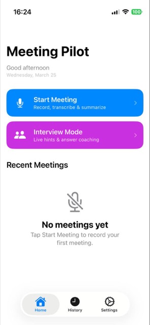 Meeting Pilot home screen with Start Meeting and Interview Mode