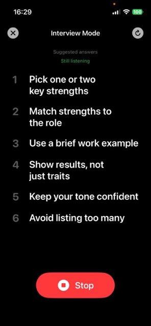 Interview Mode showing suggested answer points while listening