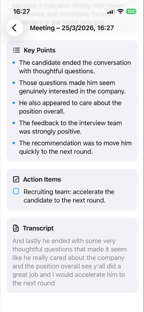 Key Points and Action Items extracted from a meeting