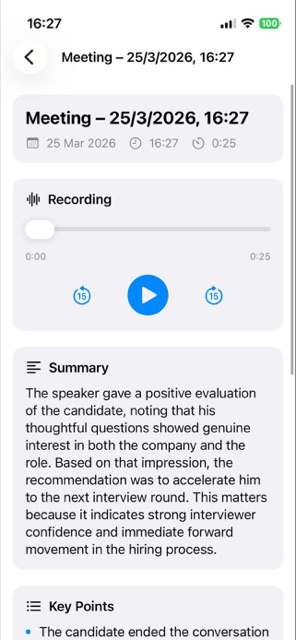 A meeting with audio playback and an AI-written summary