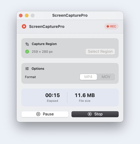 ScreenCapturePro while recording: a 259 by 280 pixel region selected, MP4 format, 15 seconds elapsed, an 11.6 megabyte file, and Pause and Stop buttons