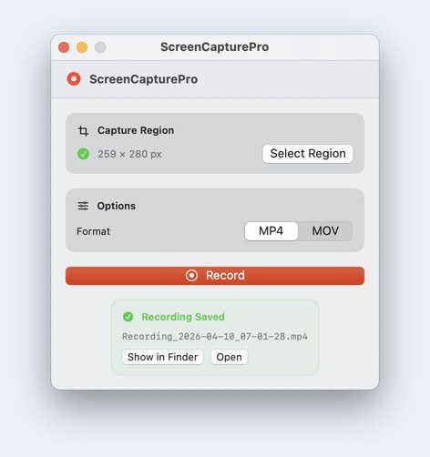 ScreenCapturePro after a recording: Recording Saved, with the file name and Show in Finder and Open buttons